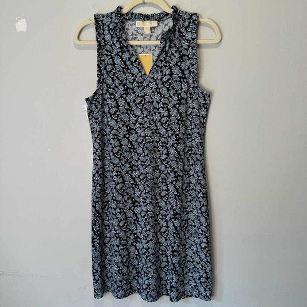 NWT Michael Kors‎ Paisley Boho Soft Stretch Mini V-neck Sleeveless Dress XS Blue